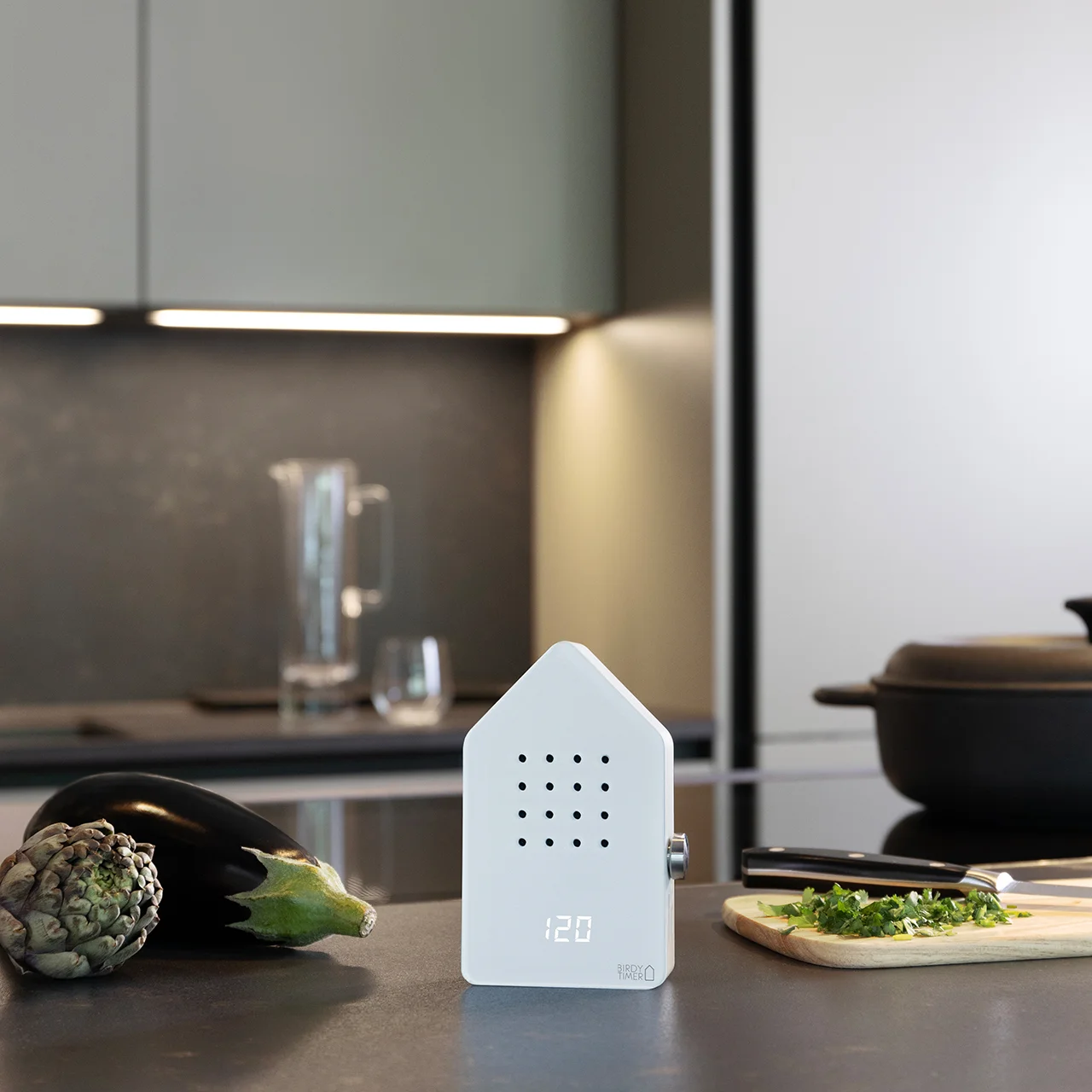 White Birdytimer on a kitchen counter