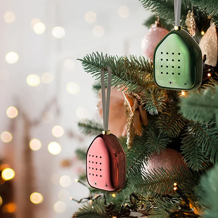 Christmas tree with green and red Jingle Bells ornaments